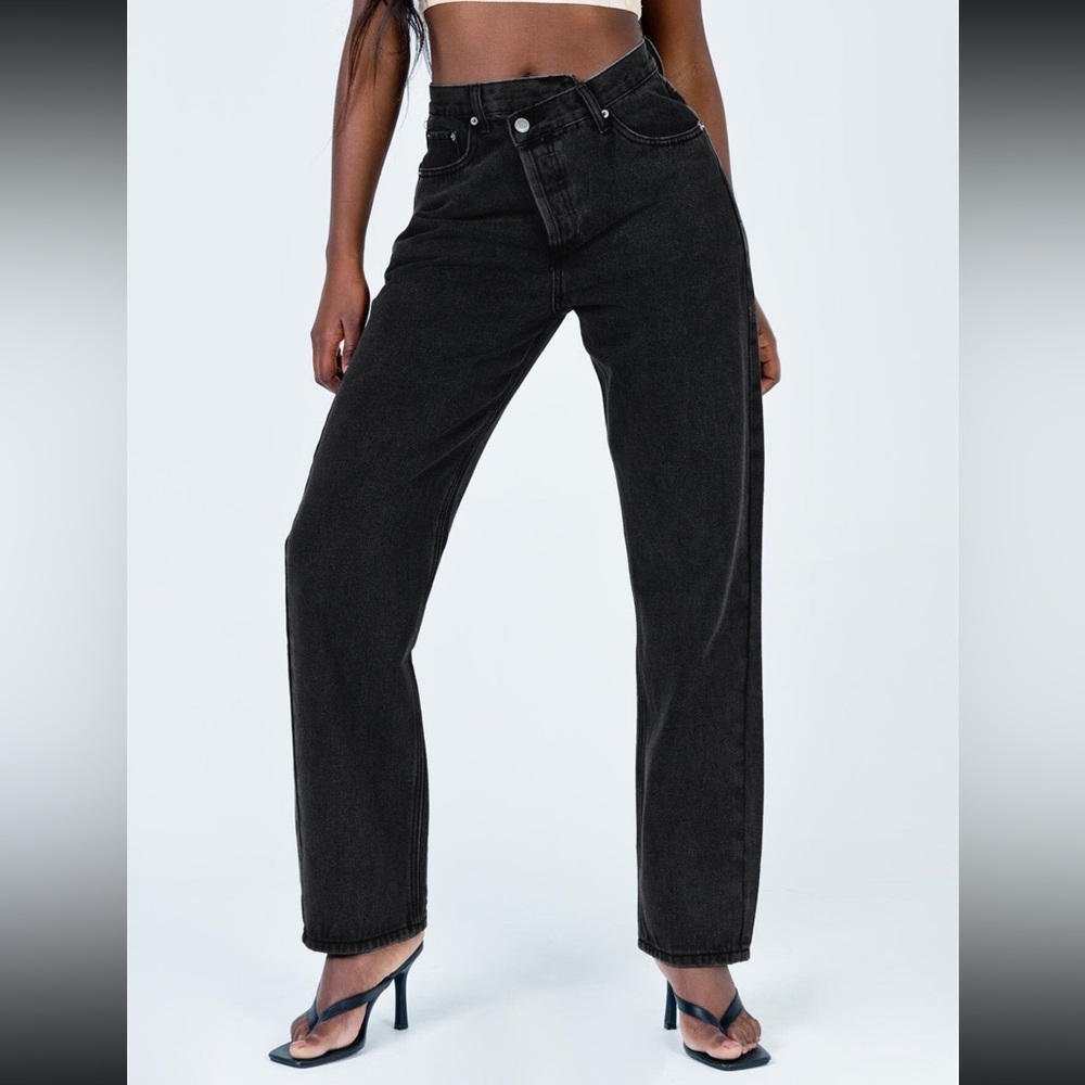 Princess Polly Holly Asymmetric Straight Leg Jean Black Denim